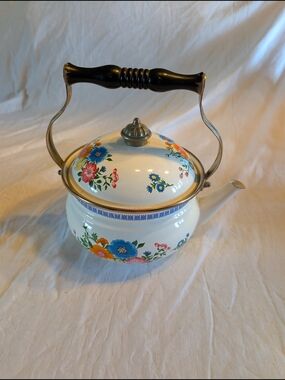 2/80$ Vintage White Floral Enamel Teapot with Blue, Orange and Pink Flowers